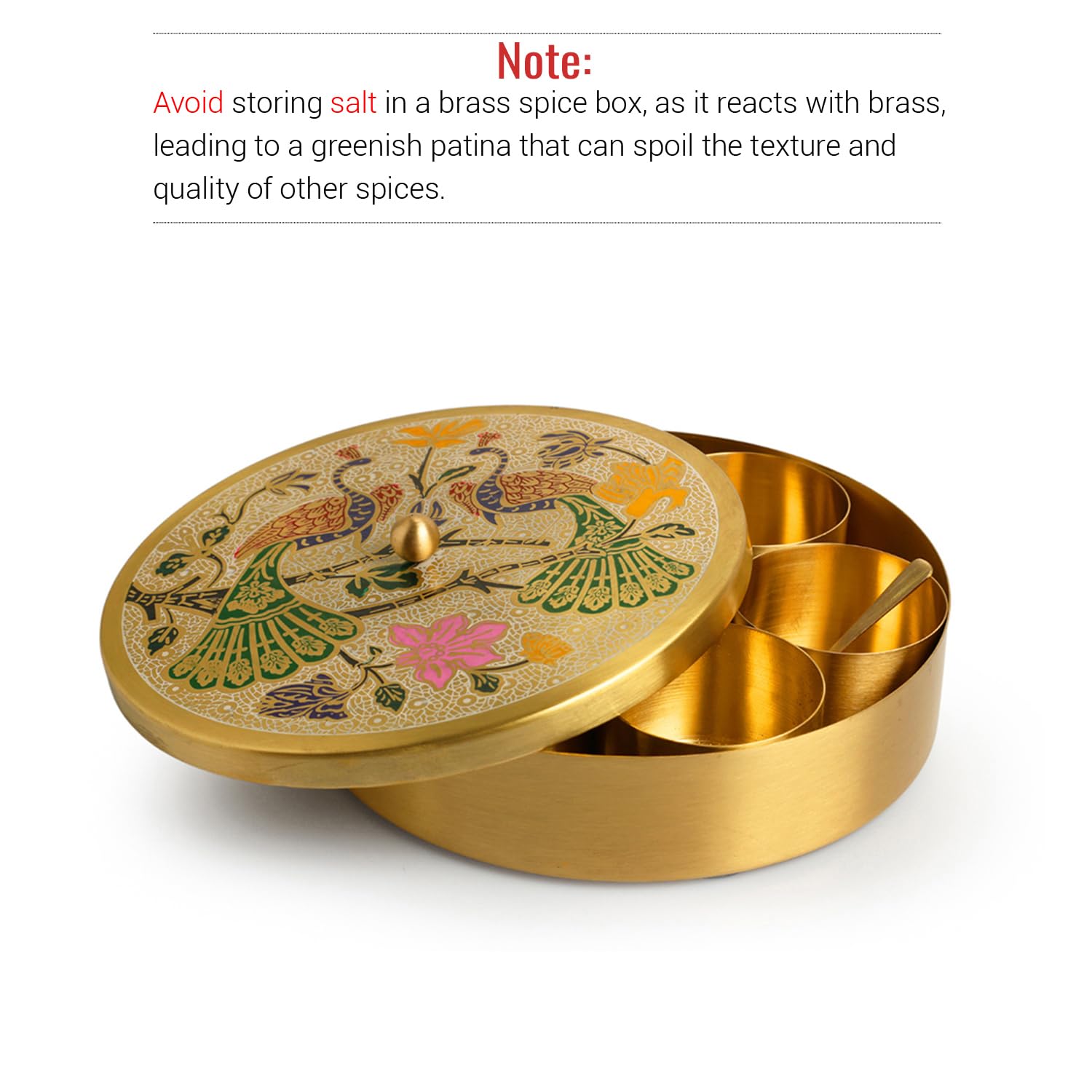 ExclusiveLane Peacock Hand-Etched Brass Masala Box For Kitchen Spice Box With Spoon (Brass, 7 Containers, 110 ML) | Handpainte
